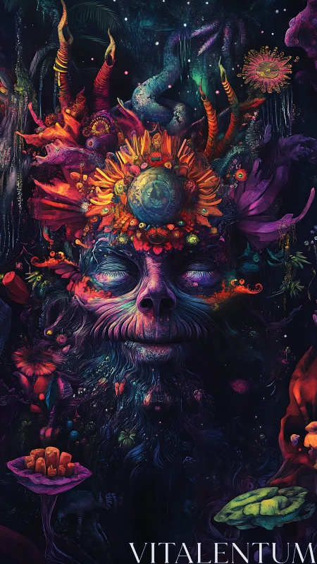 Psychedelic cosmic primate deity with bioluminescent floral crown