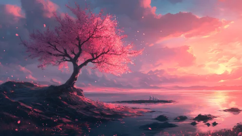 Solitary blossom tree silhouettes against iridescent sunset sky