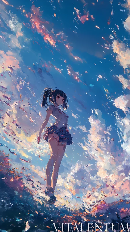 Skywalk girl wandering through drifting pastel clouds.
