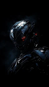 Midnight cyber guardian with glowing crimson gaze.