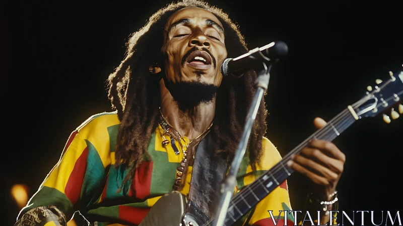 Male vocalist with guitar performing on stage under lighting.