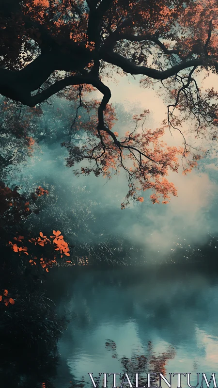 Mist-kissed autumn branches over a hush-blue forest pond.