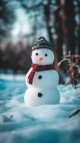 Snowman in red scarf stands in soft winter forest light.