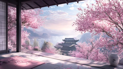 Cherry blossom terrace view over distant mountain temple.