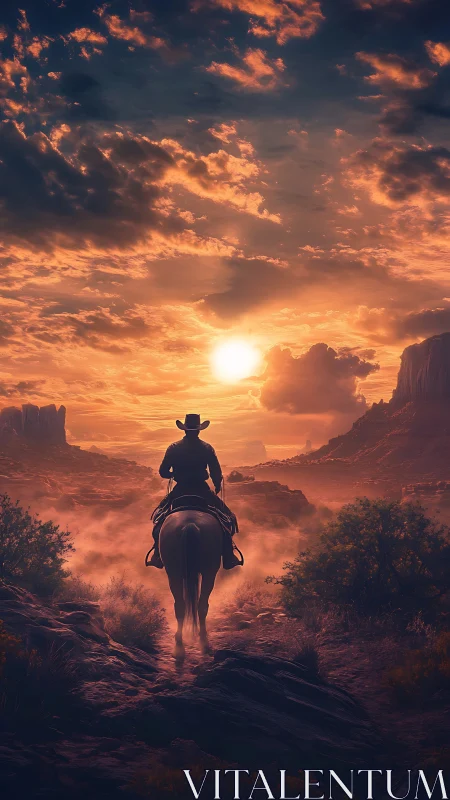 Lone cowboy rides through misty desert canyon at sunset