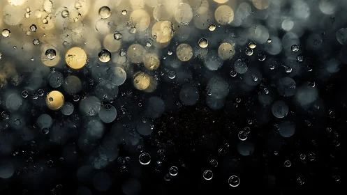 Rainy window bokeh with golden night city lights.