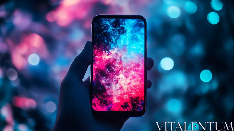 Hand holds smartphone showing neon cloud abstract wallpaper