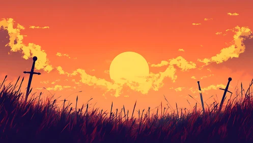 Swords pierce battlefield grass under blazing orange sunset