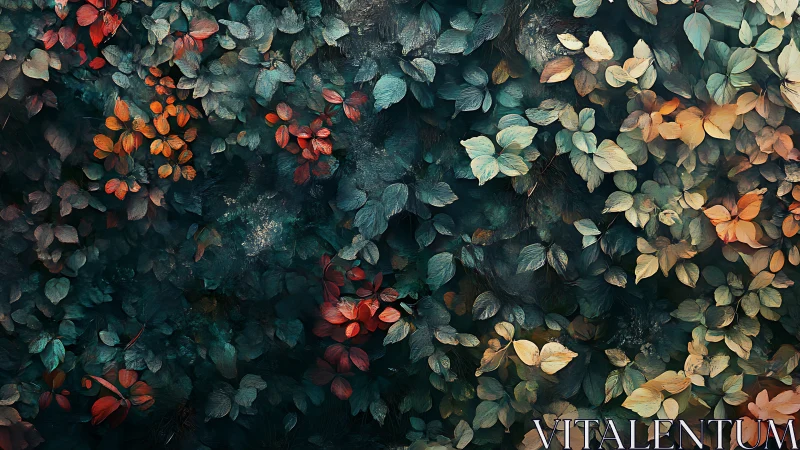 Multicolored foliage covers dense surface in layered pattern