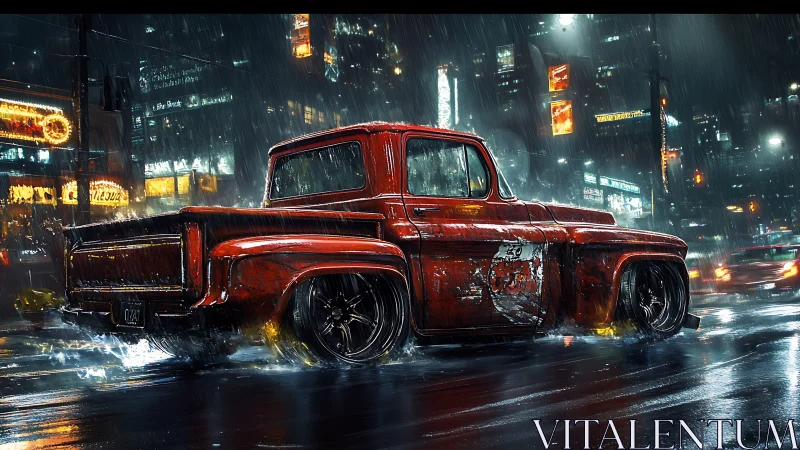 Lowered vintage red pickup truck moves through wet neon city