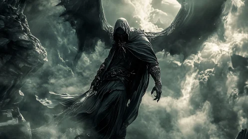 Winged hooded figure in stormy sky with rocky outcrops.