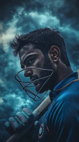 Cricket player portrait under stormy dramatic sky.