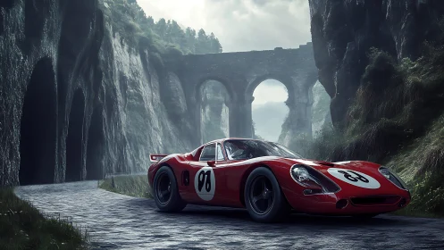 Scarlet racer haunting a misty stone viaduct roadscape.