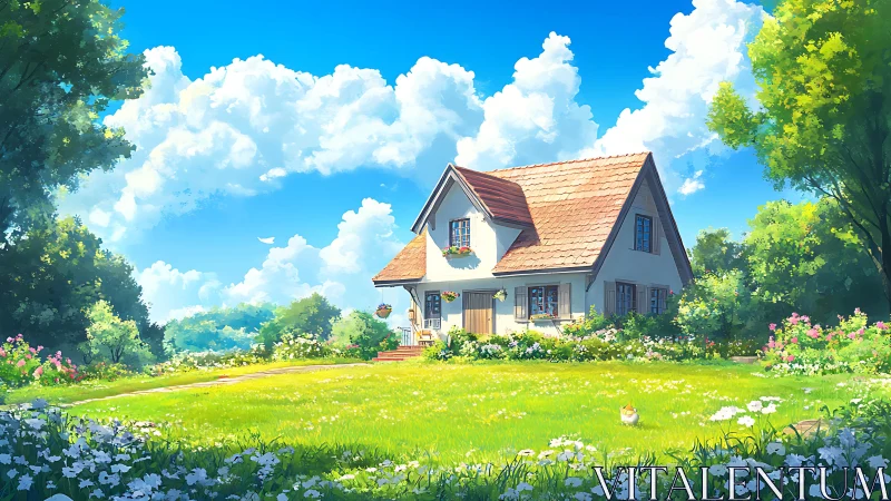 Sunny cottage daydream beneath generous summer clouds.