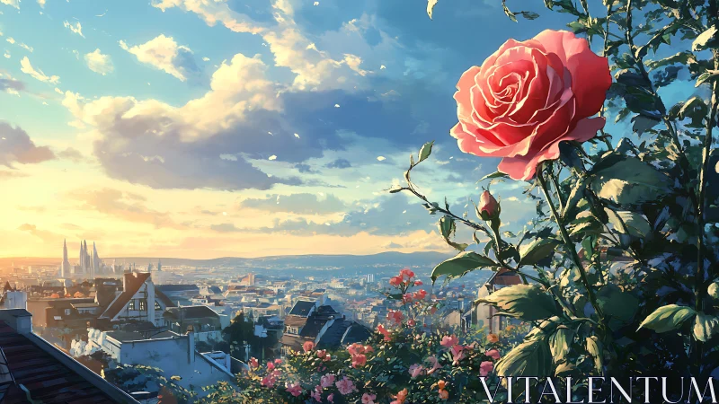 Digital painting of rose terrace overlooking luminous cityscape.