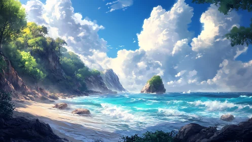 Tropical Coastline with Verdant Cliffs and Turquoise Waters.