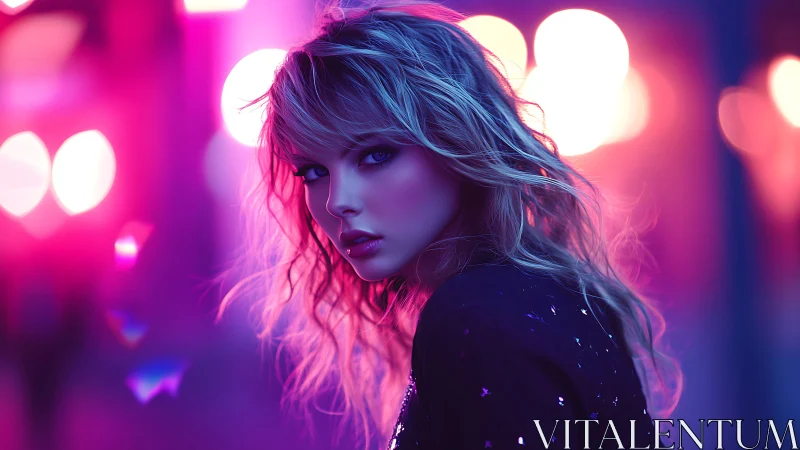 Neon city muse caught in electric violet twilight glow.