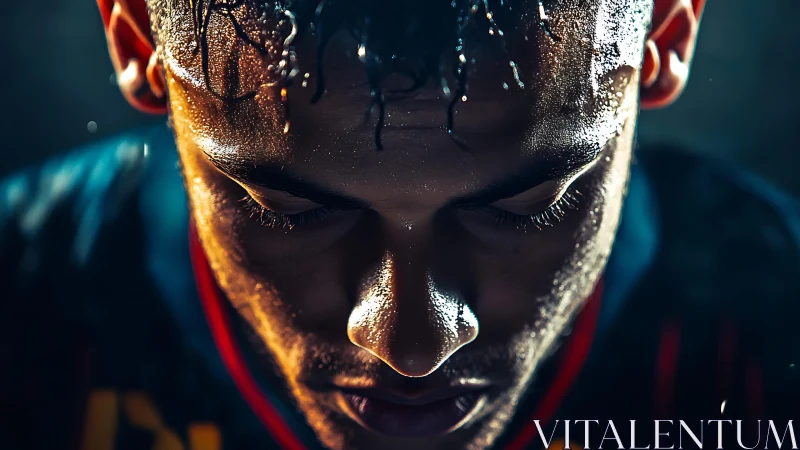 Sweat-soaked athlete bows his head in intense pregame focus