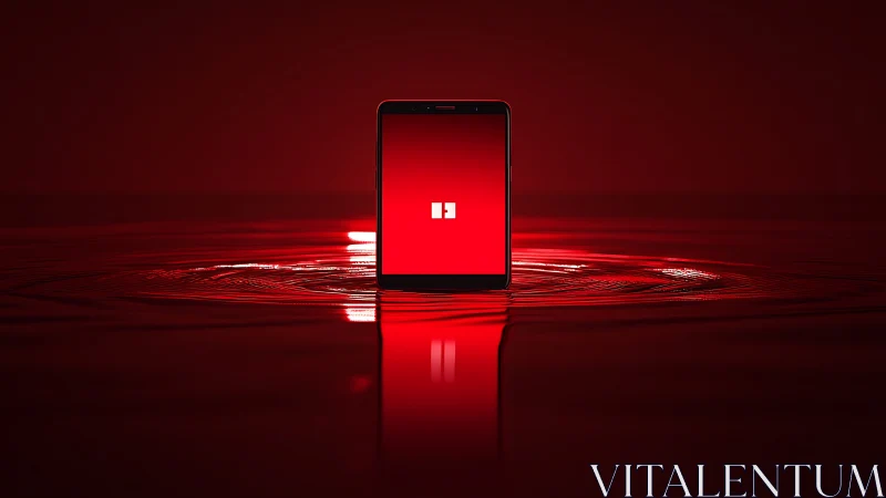 Smartphone stands on reflective red liquid surface with glow