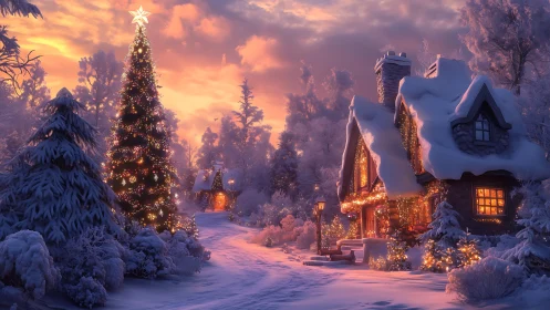 Snowy cottage and Christmas tree under warm sunset glow.