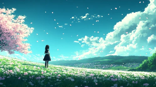 Girl in spring meadow gazes over distant sunlit town