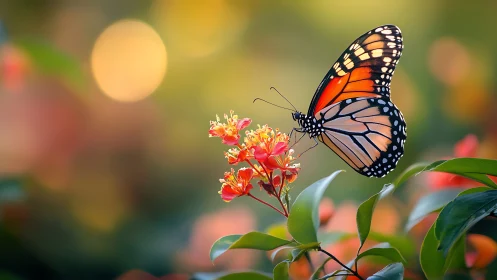 Monarch butterfly rests on vivid blossoms in dreamy bokeh light