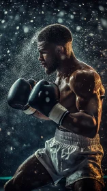 Boxer in Rain - Athletic Portrait with Water Spray Effects.