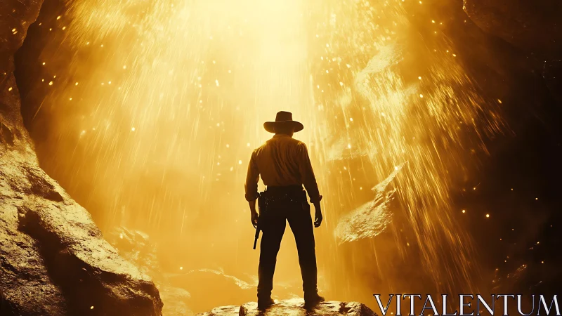 Lone explorer bathed in golden cave light and quiet wonder.