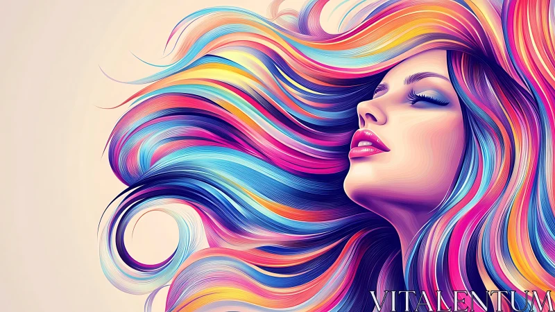 Colorful flowing hair swirls around a serene dreamy face