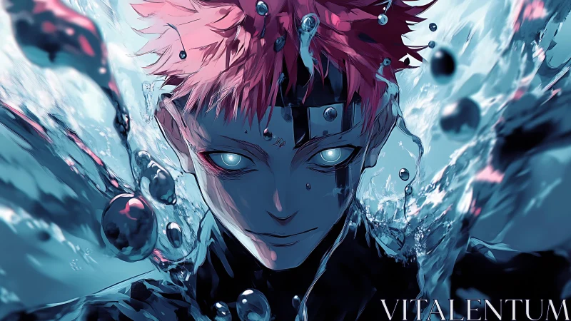 Cursed warrior emerges through liquid vortex with cold gaze.