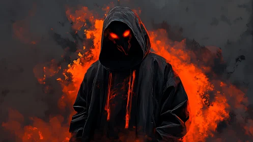 Hooded infernal figure with glowing eyes amid burning smoke.
