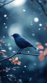 Dark passerine bird stands on branch in shallow depth field
