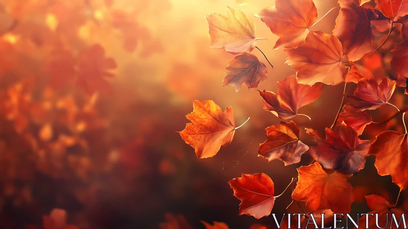 Autumn maple leaves drift through warm backlit golden haze