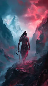 Storm-scarred wanderer strides into split fire and frost.