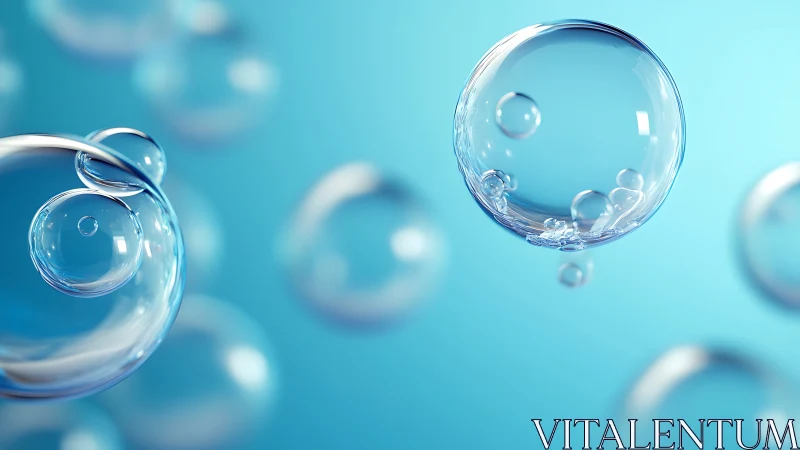 Transparent soap bubbles floating on blue background.