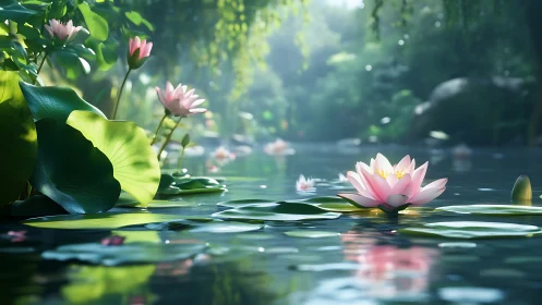 Sunlit water lilies float on reflective forest pond surface