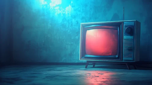 Retro CRT television under cyan-magenta lighting in empty room.
