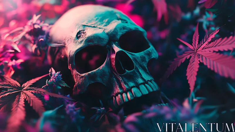 Luminous skull amid neon cannabis leaves in dark undergrowth.