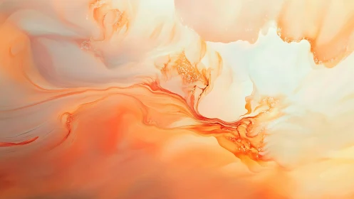Soft coral ink currents swirl in a luminous abstract haze