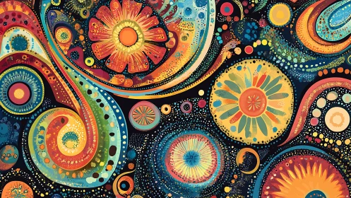 Multicolored circular and spiral abstract floral pattern.