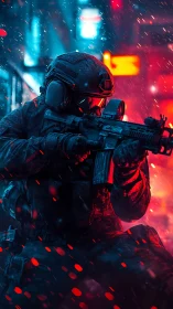 Cybernetic soldier aiming rifle amid neon storm lighting