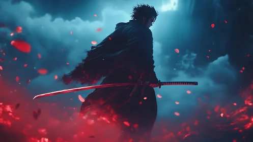 Stormlit swordsman stands strong in swirling red petals