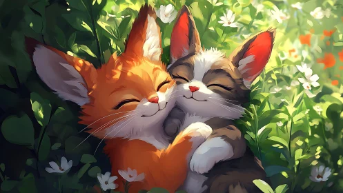 Two Playful Foxes Nuzzling in a Sunlit Wildflower Garden.