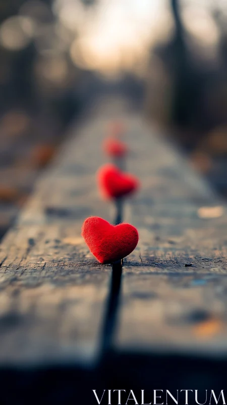Three Velvet Hearts Dance Along Weathered Wooden Tracks