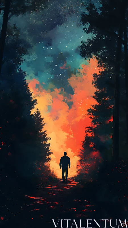Silhouetted Figure Stands Before Cosmic Forest Fire.