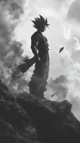 Anime warrior silhouette on stormy cliff in grayscale.