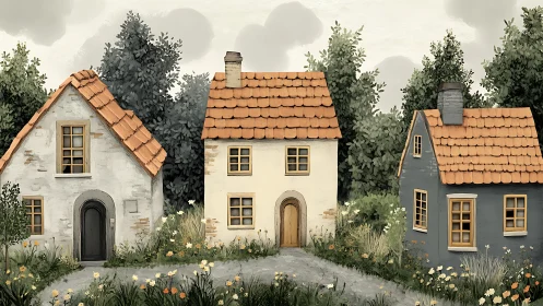 Storybook garden cottages with crooked-tiled charm under clouds.