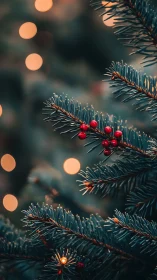 Evergreen needles cradle scarlet berries under warm bokeh glow.