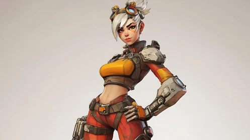 Confident sci fi heroine striking a bold, playful pose.