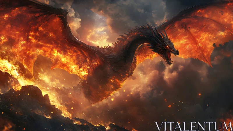 Infernal dragon engulfs stormy sky in molten wildfire fury.